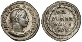 Alexander Sever (222-235 AD) AR Denarius, Rome Obverse: IMP ALEXANDER PIVS AVG
 Laureate, draped and cuirassed bust right.&nbsp; Reverse: VOTIS / VIC...