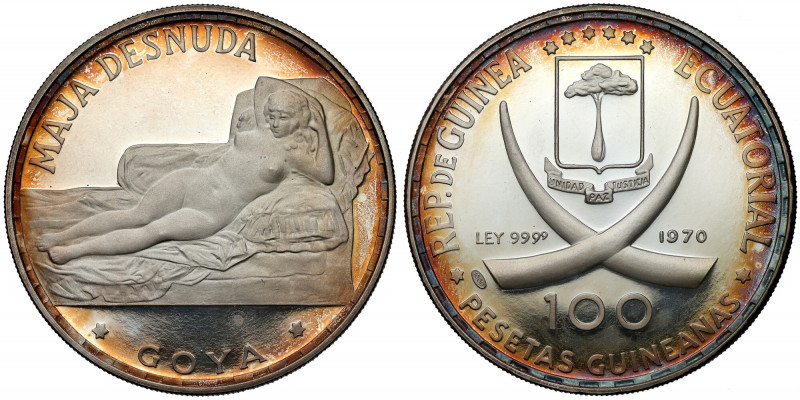 Guinea, 100 Pesetas 1970 - Maja Desnuda Proof. Silver, diameter 40 mm, weight 20...