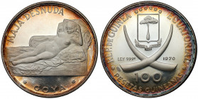 Guinea, 100 Pesetas 1970 - Maja Desnuda Proof. Silver, diameter 40 mm, weight 20 g.&nbsp;
 Stempel lustrzany. Srebro, średnica 40 mm, waga 20 g.&nbsp...