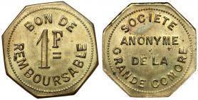 Comores, Société anonyme de la Grande Comore, essai de 1 franc no date (1915) Brass, dimeter 26,3 x 26,2 mm, weight 4,54 g.
 Mosiądz, wymiary 26,3 x ...