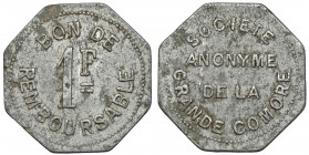Comores, Société anonyme de la Grande Comore, 1 franc no date Aluminium, diameter 26,3 x 26 mm, weight 1,44 g.
 Aluminium, wymiary 26,3 x 26 mm, waga...