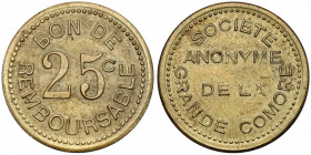 Comores, Société anonyme de la Grande Comore, essai de 25 centimes no date (1915) Brass, diameter 26,25 mm, weight 4,46 g.
 Mosiądz, średnica 26,25 m...
