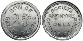 Comores, Société anonyme de la Grande Comore, 25 centimes no date Aluminum, diameter 26,54 mm, weight 1,33 g.
 Aluminum, średnica 26,54 mm, waga 1,33...