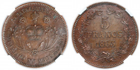 Madagascar, Ranavalomanjaka III, 5 francs 1883 - Pattern Bronze Bardzo rzadka, próbna odbitka 5 franków w brązie.&nbsp; 
Grade: NGC UNC 

WORLD COI...