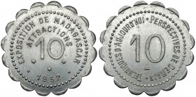 Madagascar, Exposition de Madagascar, 10 centimes 1952 Aluminium, diameter 27,3 mm, weight 1,52 g.
 Aluminium, średnica 27,3 mm, waga 1,52 g.

Grad...