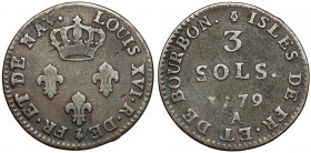 Réunion, Louis XVI, 3 sols 1779-A Silver, diameter 22,50 mm, weight 2,23 g.
 Srebro, średnica 22,50 mm, waga 2,23 g.

Grade: F-VF 

WORLD COINS -...