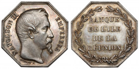 Réunion, Napoleon III, jeton de la Banque de l'île de la Réunion Silver, diameter 32,9 x 32,9 mm, weight 15,16 g.
 Srebro, wymiary 32,9 x 32,9 mm, wa...