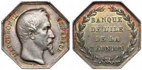 Réunion, Napoleon III, jeton de la Banque de l'île de la Réunion Silver, diameter 32,8 x 33 mm, weight 14,41 g. 
 
 Srebro, wymiary 32,8 x 33 mm, wa...