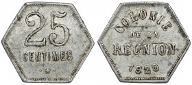 Réunion, 25 centimes 1920 Aluminium, diameter 24,5 x 27,5 mm, weight 1,21 g.&nbsp;
 Aluminium, wymiary 24,5 x 27,5 mm, waga 1,21 g.&nbsp; 
Grade: VF...