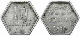 Réunion, 10 centimes 1920 Aluminium, diameter 21,2 x 24 mm, weight 0,81 g.
 Aluminium, wymiary 21,2 x 24 mm, waga 0,81 g.

Grade: VF 

WORLD COIN...