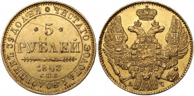 Russia, Nicholas I, 5 rubles 1843 АЧ Gold, diameter 23 mm, weight 6,48 g.&nbsp;
 Złoto, średnica 23 mm, waga 6,48 g.&nbsp; 
Grade: XF- 

EUROPE WO...