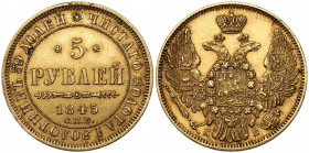 Russia, Nicholas I, 5 rubles 1845 КБ Złoto, średnica 22,8 mm, waga 6,54 g.&nbsp; Reference: Bitkin 26
Grade: XF-/XF 

EUROPE WORLD COINS - RUSSIA R...