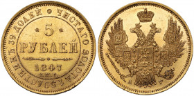 Russia, Nicholas I, 5 rubles 1847 АГ Gold, średnica 22,7 mm, waga 6,55 g.&nbsp;
 Złoto, średnica 22,7 mm, waga 6,55 g.&nbsp; 
Grade: XF+ 

EUROPE ...