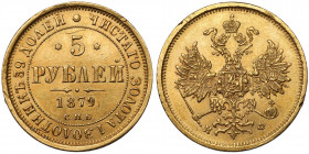 Russia, Alexander II, 5 rubles 1879 HФ Gold, diameter 22,5 mm, weight 6,52 g.&nbsp;
 Złoto, średnica 22,5 mm, waga 6,52 g.&nbsp;
Reference: Bitkin 2...