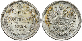 Russia, Alexander III, 5 kopecks 1888 АГ, Petersburg Skaleczona na rancie, piękna.&nbsp; 
Grade: XF+ 

EUROPE WORLD COINS - RUSSIA RUSSLAND