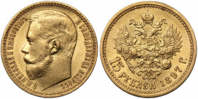 Russia, Nicholas II, 15 rubles 1897 Gold, diameter 24,4 mm, weight 12,88 g.&nbsp;
 Złoto, średnica 24,4 mm, waga 12,88 g.&nbsp; Reference: Bitkin 2
...