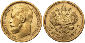 Russia, Nicholas II, 15 rubles 1897 АГ Gold, diameter 24,6 mm, weight 12,84 g.&nbsp; 
 Rzadsza odmiana z 2 literami pod szyją cara. Złoto, średnica 2...