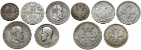 Russia, Nicholas I - Nicholas II, 10-50 kopecks 1837-1896, lot (5pcs) 25 kopiejek 1893 mocno wytrawione.&nbsp; 
Grade: F-VF 

EUROPE WORLD COINS - ...