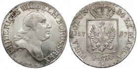 Preussen, Friedrich Wilhelm II, 4 Gröschen 1797-E, Königsberg
Prusy, Fryderyk Wilhelm II, 4 grosze 1797-E, Królewiec 
Grade: VF-XF 

EUROPE WORLD ...
