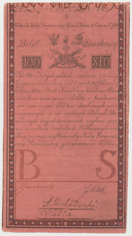 100 złotych 1794 - A Piękna, naturalna.&nbsp; Reference: Miłczak A5
Grade: VF+ ...