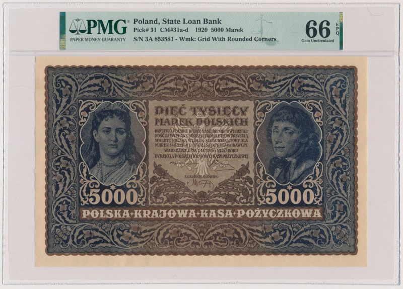 5.000 mkp 1920 - III Serja A Reference: Miłczak 31c
Grade: PMG 66 EPQ 

POLAN...