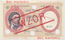 20 złotych 1919 - WZÓR -A.12 - wysoki nadruk, perforacja Wzór w wersji z wysokim nadrukiem, wykonany na banknocie A.12, z perforacją i numerem własnym...