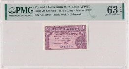 Londyn, 1 złoty 1939 - A Reference: Miłczak 79
Grade: PMG 63 EPQ 

POLAND POLEN