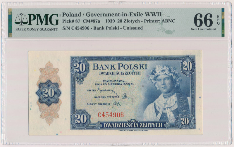 ABNCo, 20 złotych 1939 - C Reference: Miłczak 87
Grade: PMG 66 EPQ 

POLAND P...