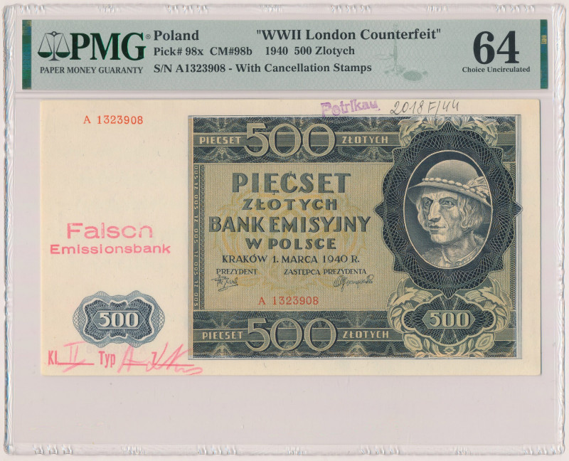 500 złotych 1940 - fałszerstwo londyńskie Reference: Miłczak 98b
Grade: PMG 64 ...