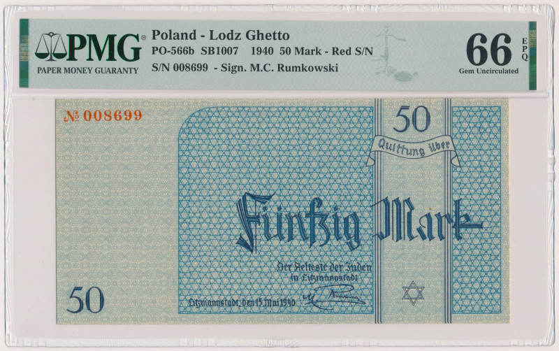 Getto 50 marek 1940 Reference: Miłczak L7b
Grade: PMG 66 EPQ 

POLAND POLEN P...