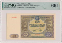 50 złotych 1946 - duża litera Reference: Miłczak 128b
Grade: PMG 66 EPQ 

POLAND POLEN