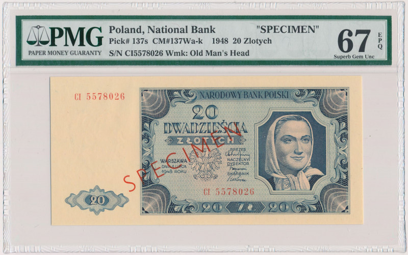 20 złotych 1948 - SPECIMEN - CI Rzadziej spotykany wzór wykonany na banknotach z...