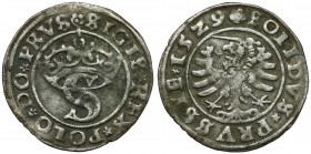 Zygmunt I Stary, Szeląg Toruń 1529 Odmiana z mieczem z prawej strony. Rzadsza pozycja. Reference: Kopicki 3077
Grade: VF