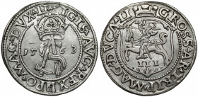 Zygmunt II August, Trojak Wilno 1563 - bez DG - LI Bardzo ładny. 
Wczesna dla tego rocznika odmiana z tytulaturą bez skrótu D*G (Dei Gratia - z bożej...