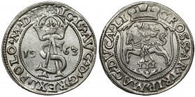 Zygmunt II August, Trojak Wilno 1563 - z D*G Bardzo ładny, połyskowy egzemplarz. 
 Odmiana z nowym zapisem tytulatury - z D*G (Dei Gratia - z bożej ł...