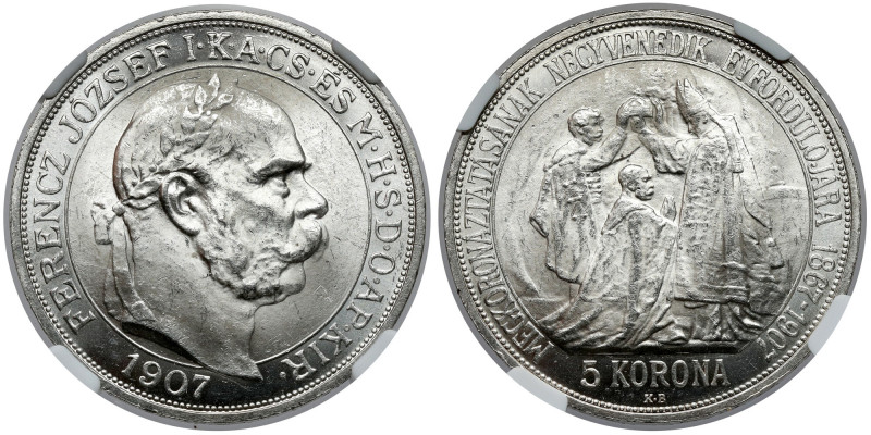 Hungary, Franz Joseph I, 5 koron 1907 - 40th Anniversary of the Coronation 
Gra...