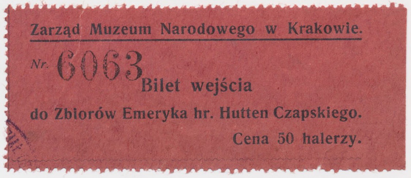 Bilet wejścia do Zbiorów Emeryka hr. Hutten Czapskiego, 50 halerzy (sprzed I woj...