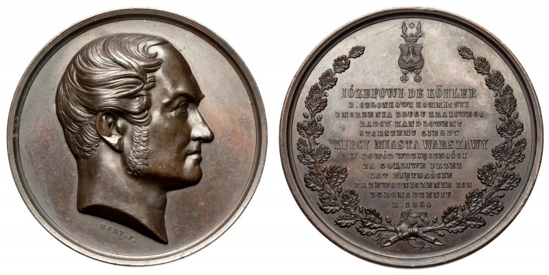 Medal, Józef de Köhler - Kupcy Miasta Warszawy, 1854 r. Piękny, duży medal autor...