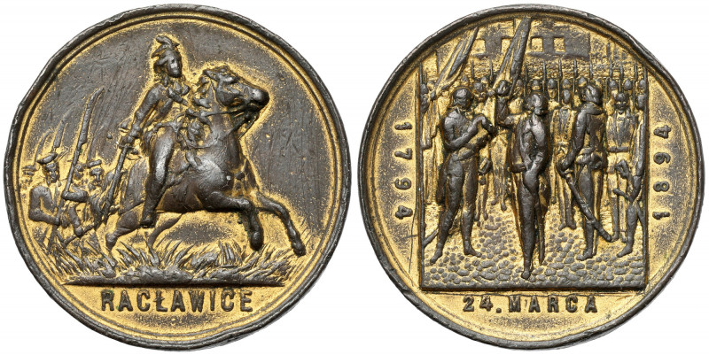 Medal, 100-lecie bitwy pod Racławicami 1894 Pozostałości złocenia, medal drapany...