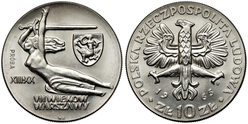 Próba NIKIEL 10 złotych 1965, VII wieków Warszawy - Nike, z herbem Próba niklowa...