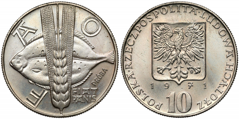 Próba MIEDZIONIKIEL 10 złotych 1971 FAO - Ryba Jedyna spośród trzech monet z ser...