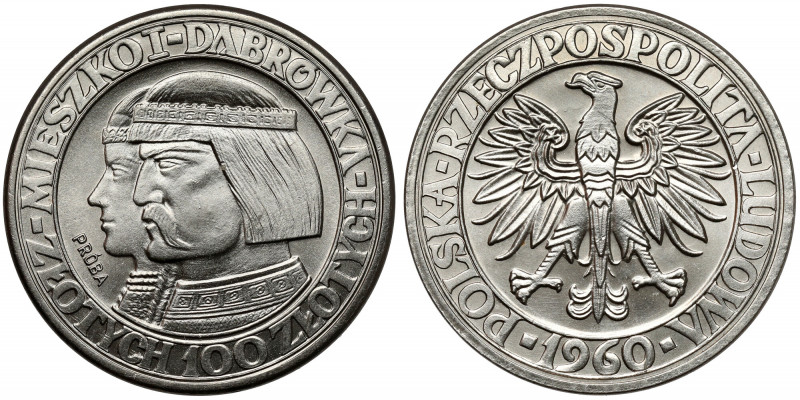 Próba NIKIEL 100 złotych 1960 Mieszko... - głowy w lewo Charakterystyczny i ceni...