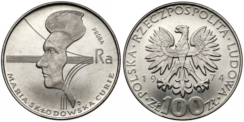 Próba NIKIEL 100 złotych 1974 Skłodowska-Curie - duży orzeł Pierwsza z trzech pr...