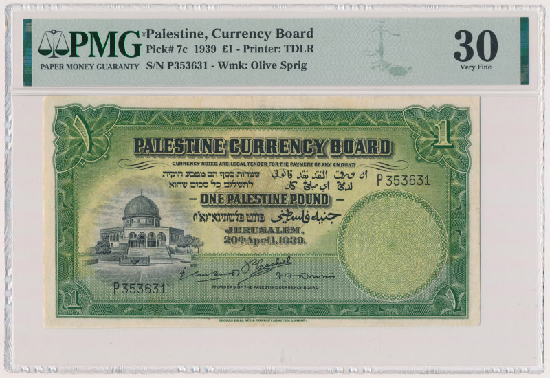 Palestine, 1 Pound 1929 Cleaned paper.&nbsp; 
Reference: Pick 7b
Grade: PMG 30...