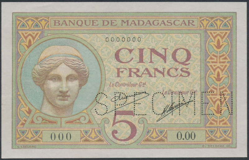 MadagasCar, 5 Francs (1937) - SPECIMEN Naturalny.&nbsp; Reference: Pick 35
Grad...