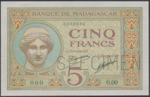 MadagasCar, 5 Francs (1937) - SPECIMEN Naturalny.&nbsp; Reference: Pick 35
Grade: XF/XF+ 

MADAGASCAR
