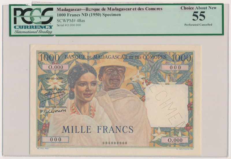 Madagascar, 1.000 Francs (1950) - SPECIMEN Reference: Pick 48s
Grade: PCGS 55 ...