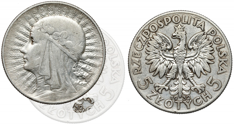 Głowa Kobiety 5 złotych 1932 ze znakiem, Warszawa - rzadkie Rzadka odmiana ze zn...