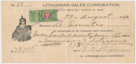 Lithuanian Sales Corporation, czek 1921
Lithuanian Sales Corporation, check 1921 Wymiary: 19.5 x 9.5 cm.&nbsp; 
Grade: VF 

Lithuania
