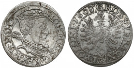 Zygmunt III Waza, Grosz Kraków 1606/5 - wczesny Ostatni krakowski grosz tłoczony na walcarce. Atrakcyjny jak na ten wczesny typ stan zachowania. Częst...